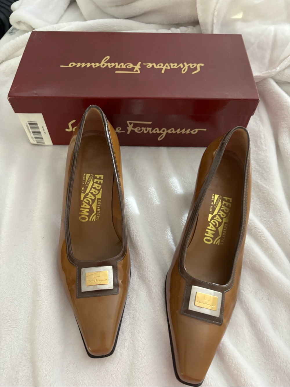 Salvatore Ferragamo Brown Leather Square-Toe Flats with Gold Logo Accent
